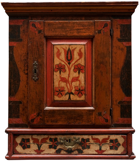 Hanging Cupboard Late 18th century 
Pine, soft wood, polychromed 