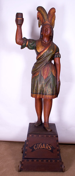 Cigar Store Figures | Thomas V. Brooks | Tobaconist Indian Maiden | Carved and painted, carved wood, 20x82x22 inches, price available upon request 