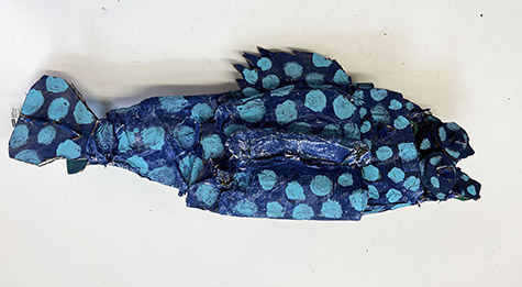 Brent Brown | BRB1003 | Blue Polka Dot Fish, 2022 | Cardboard, Mixed Media | 17 x 10 x 4 in. at the Outsider Folk Art Gallery