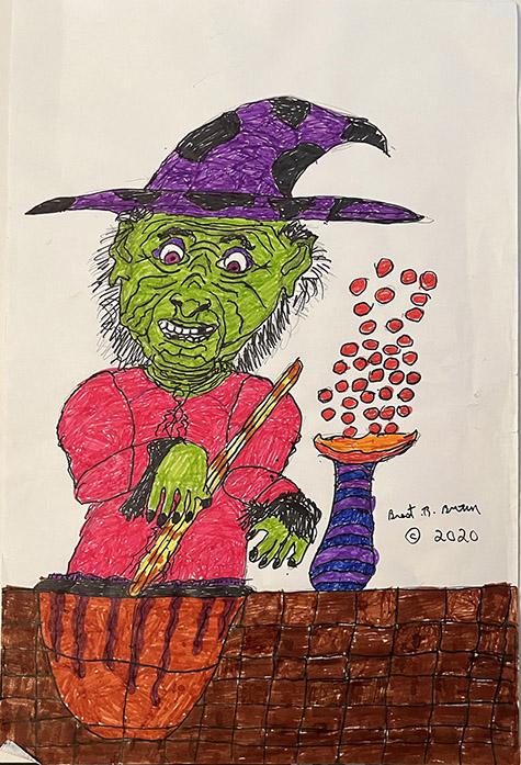 Brent Brown | BRB1068 | Witch making stew | 12 x 18 in. at the Outsider Folk Art Gallery