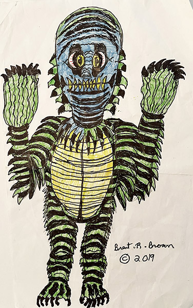 Brent Brown | BRB1083 | Gar Gilman from Creature of the Black Lagoon | Drawing | 8 1/2 x 14 in. at the Outsider Folk Art Gallery
