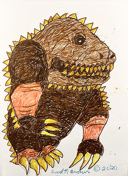 Brent Brown | BRB1107 | Rancor (Starwars), side 1 - Striped Grem, side 2 | Drawing | 9 x 12 in. at the Outsider Folk Art Gallery
