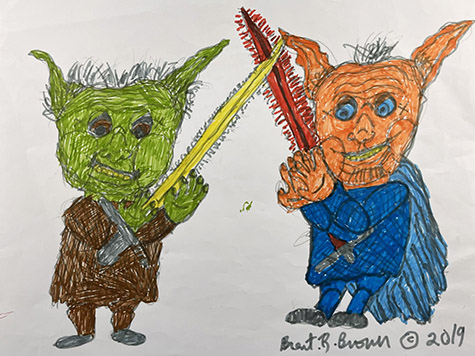 Brent Brown | BRB1114 | Good yoda vs bad yoda with light sabres  | Drawing | 11 x 8 1/2 in.  at the Outsider Folk Art Gallery