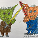 Brent Brown BRB1114 | Good yoda vs bad yoda with light sabres at the Outsider Folk Art Gallery