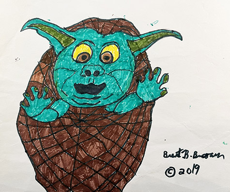 Brent Brown | BRB1123 | Baby Yoda in a basket  | Drawing | 12 x 9 in.  at the Outsider Folk Art Gallery