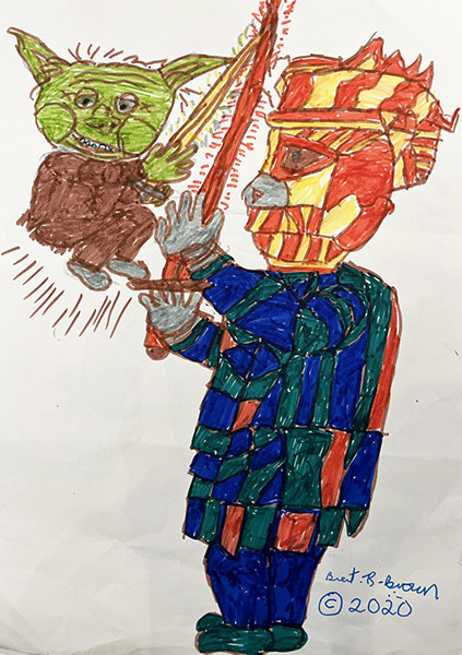 Brent Brown | BRB1134 | Yoda fighting big guy (Star Wars), side 1 -  Batman villain, side 2  | Drawing | 9 x 12 in. at the Outsider Folk Art Gallery