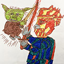 Brent Brown BRB1134 | BRB1134 | Yoda fighting big guy (Star Wars), side 1 -  Batman villain, side 2 at the Outsider Folk Art Gallery