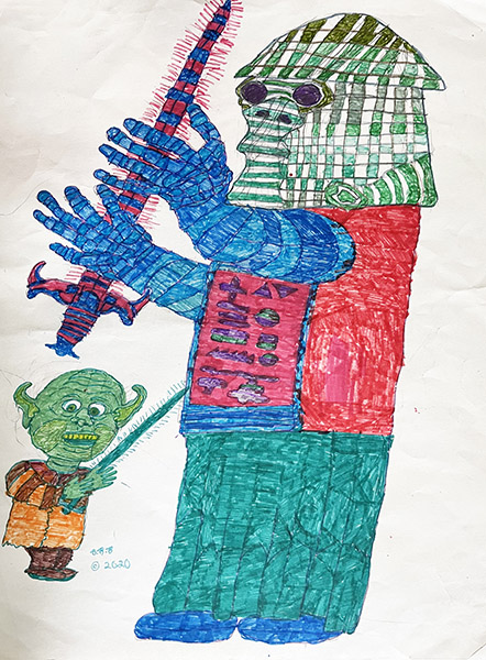 Brent Brown | BRB1146 | Yoda and guy fighting   | Drawing | 8 1/2 x 11 in.  at the Outsider Folk Art Gallery