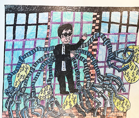 Brent Brown | BRB1154 | Doctor Octopus (Doc Ock) bank robbery | 28 x 22 in.  at the Outsider Folk Art Gallery