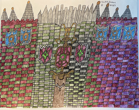 Brent Brown | BRB1159 | Colorful Castle (squares) | 28 x 22 in. at the Outsider Folk Art Gallery