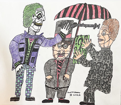 Brent Brown | BRB1175 | Batman People (Joker, Penguin, The Riddler) | 28 x 22 in. at the Outsider Folk Art Gallery