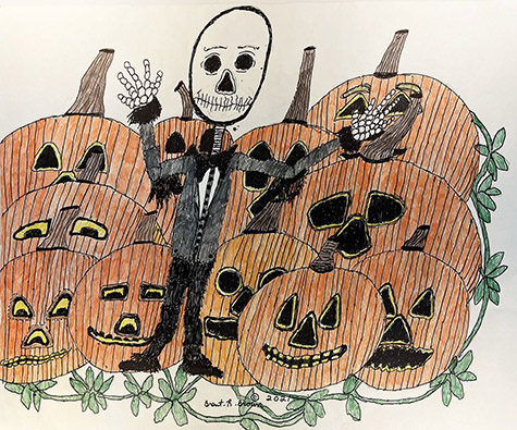 Brent Brown | BRB1176 | Halloween pumpkins and skeleton | 28 x 22 in. at the Outsider Folk Art Gallery