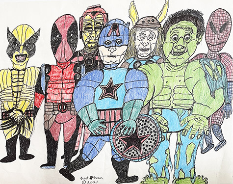 Brent Brown | BRB1178 | Superheroes | Drawing | 28 x 22 in. at the Outsider Folk Art Gallery