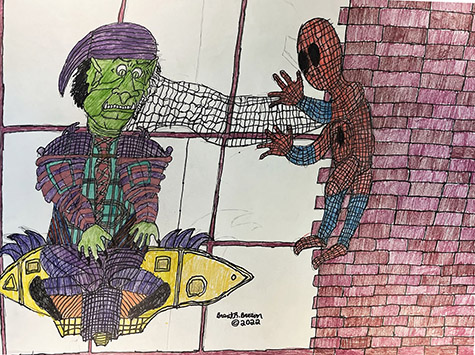 Brent Brown | BRB1229 | Spider-Man vs Green Goblin | Drawing | 28 x 22 in. at the Outsider Folk Art Gallery