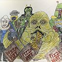 Brent Brown BRB1232 | Jabba the Hutt with Others eating pizza at the Outsider Folk Art Gallery
