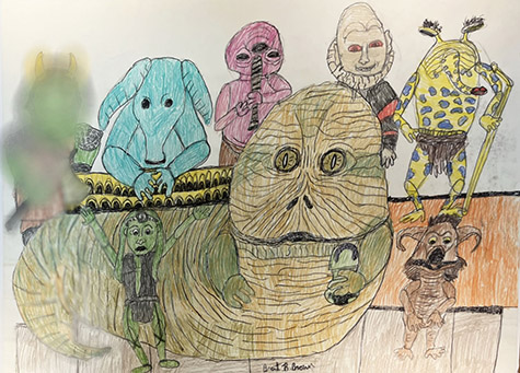 Brent Brown | BRB1244 | Jabba the Hutt and friends in cantina   | Drawing | 28 x 22 in.  at the Outsider Folk Art Gallery
