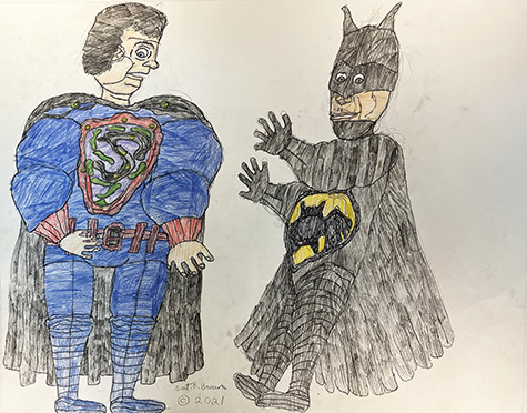 Brent Brown | BRB1253 | Batman and Superman, side 1 - 2 other super heroes, side 2 | Drawing | 28 x 22 in. at the Outsider Folk Art Gallery