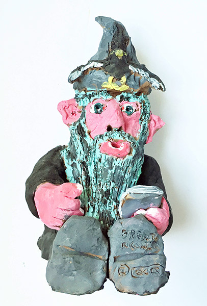 Brent Brown | BRB235 | Gnome with Pointed Hat and Book | Painted Clay, 9 x 6 x 6 in. (22.9 x 15.2 x 15.2 cm) at the Outsider Folk Art Gallery