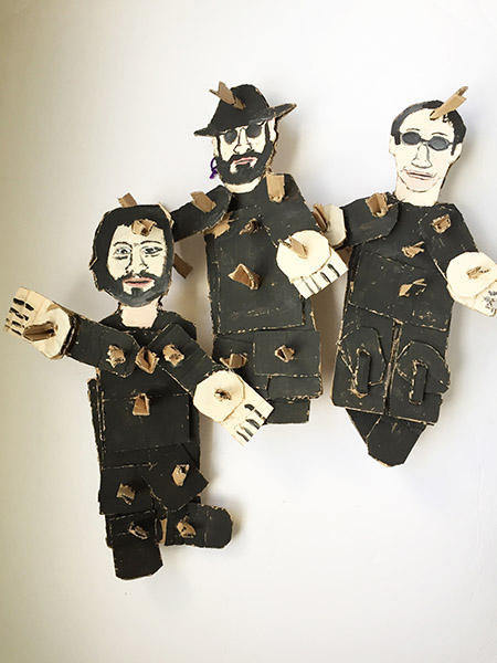 Brent Brown | BRB289 | The Bee Gees (3 individuals). Maurice, Barry, Robin, 2016 | Cardboard, Mixed Media, 12 x 17 x 6 in. (30.5 x 43.2 x 15.2 cm) at the Outsider Folk Art Gallery