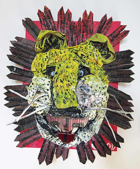 Brent Brown | BRB410 | Plato The Great Lion, 2017 | Cardboard, Mixed Media | 23 x 27 x 10 in. (58.4 x 68.6 x 25.4 cm) at the Outsider Folk Art Gallery