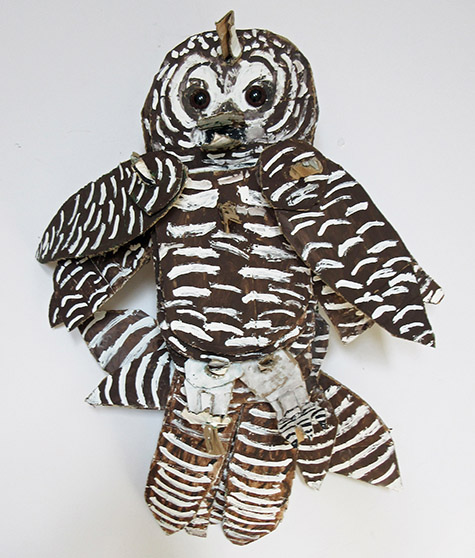 Brent Brown | BRB413 | Henry the Owl, 2017 | Cardboard, Mixed Media | 20 x 24 x 7 in. (50.8 x 61 x 17.8 cm) at the Outsider Folk Art Gallery