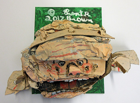 Brent Brown | BRB435 | Hunger Jim, 2017 | 
	 Cardboard, Mixed Media, on Canvas | 31 x 20 x 13 in. (78.7 x 50.8 x 33 cm) at the Outsider Folk Art Gallery