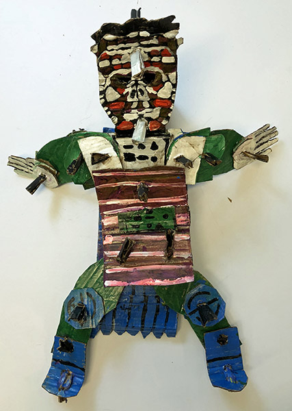 Brent Brown | BRB484 | Worf the Warrior, 2018   | 
	 Cardboard, Mixed Media, on Canvas | 21 x 23 x 6 in.  at the Outsider Folk Art Gallery