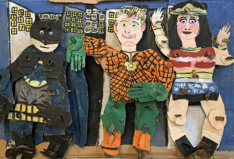 Brent Brown | BRB491 | Bat Man, Aqua Man, Wonder Woman Trio, 2018  | Cardboard, Mixed Media | 41 x 28 x 10 in. at the Outsider Folk Art Gallery