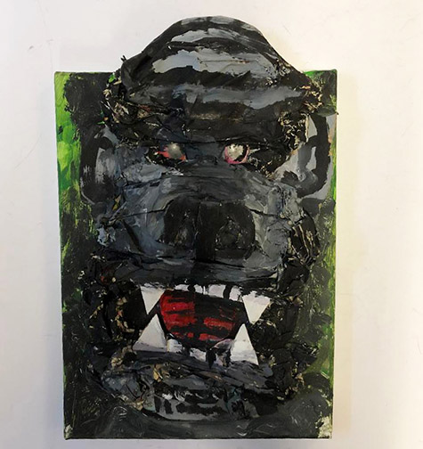 Brent Brown | BRB553 | Gorilla in Wilderness, 2019 | 
	 Cardboard, Mixed Media, on Canvas | 9 x 14 x 2 in.  at the Outsider Folk Art Gallery