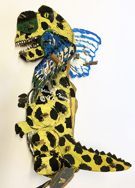 Brent Brown | BRB588 | Darleen the Dilophosaurus, 2019  | 
	 Cardboard, Mixed Media | 30 x 20 x 16 in. at the Outsider Folk Art Gallery