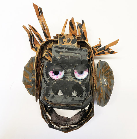 Brent Brown | BRB613 | Boom a Rang, (the Orangutan) Jr., 2019 | 
	 Cardboard, Mixed Media, 8 x 8 x 6 in. at the Outsider Folk Art Gallery