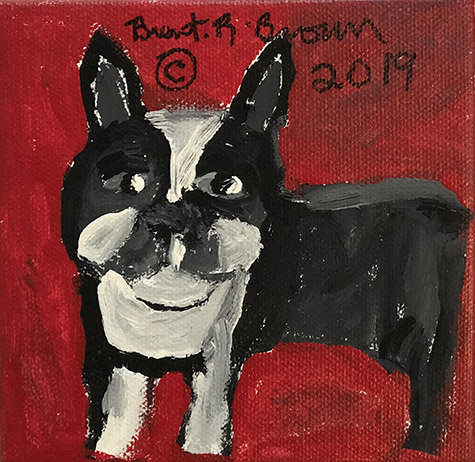 Brent Brown | BRB641 | Boston Terrier, 2019 | 
	 Paint on canvas | 5 x 5 x 1 1/2 in. at the Outsider Folk Art Gallery