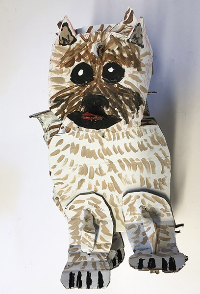 Brent Brown | BRB678 | Westie, 2019 | 
	 Cardboard, Mixed Media | 11 x 18 x 8 in. at the Outsider Folk Art Gallery