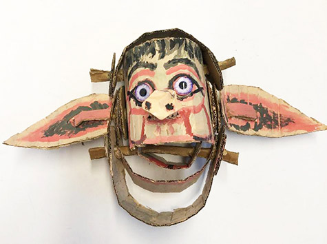 Brent Brown | BRB704 | Elf Bert, 2019 | 
	 Cardboard, Mixed Media | 22 x 12 x 8 in. at the Outsider Folk Art Gallery