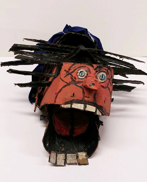 Brent Brown | BRB709 | Mark Tall Hat, 2019  | 
	 Cardboard, Mixed Media | 18 x 19 x 8 in. at the Outsider Folk Art Gallery