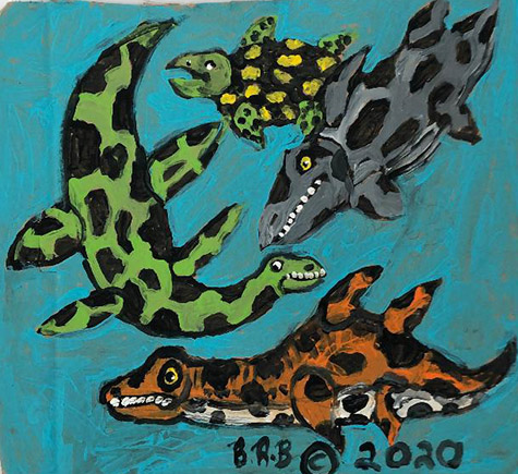 Brent Brown | BRB768 | Sea Serpent Parade, 2020 | Paint on canvas | 14 x 12 in. at the Outsider Folk Art Gallery