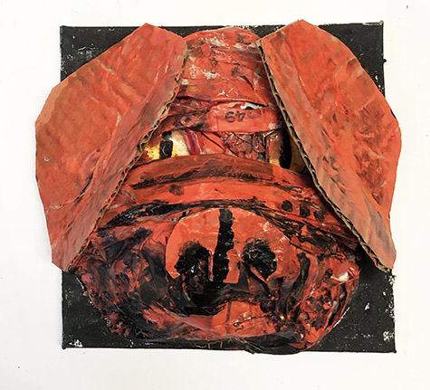 Brent Brown | BRB820 | Red Dog, 2020 | Cardboard, Mixed Media, on Canvas | 6 x 6 x 4 in. at the Outsider Folk Art Gallery