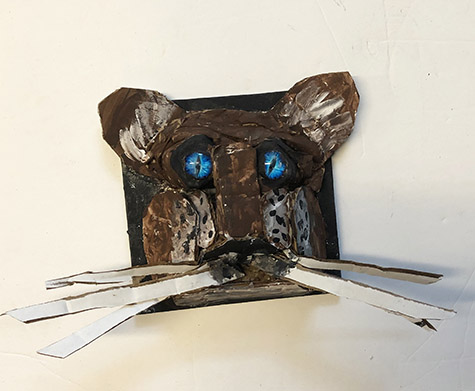 Brent Brown | BRB834 | Brownie the Cat, 2020 | Cardboard, Mixed Media, on Canvas backing | 9 x 7 x 3 in. at the Outsider Folk Art Gallery