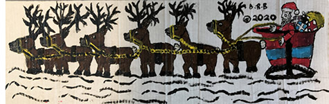Brent Brown | BRB881 | Santa and his Reindeer, 2020 | 
	 Cardboard, Mixed Media | 36 x 12 in. at the Outsider Folk Art Gallery