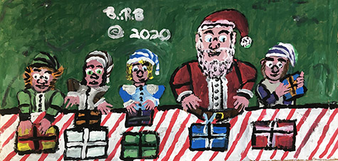 Brent Brown | BRB898 | Santa and 3 Elves, 2020 | 
	 Cardboard, Mixed Media | 21 x 11 in. at the Outsider Folk Art Gallery