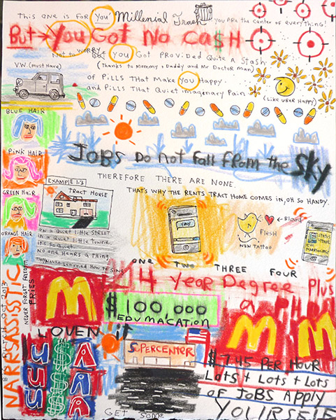 David "Big Dutch" Nally | DN138 | Millenial Trash, 2013 Mixed Media on Paper price $150 at the Outsider Folk Art Gallery