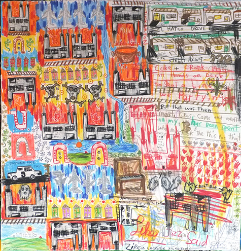 David "Big Dutch" Nally | DN162 | El Hatco Drive | Mixed media on paper | 22 1/2 x 22 in. (57.1 x 55.9 cm) at the Outsider Folk Art Gallery