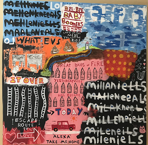 David "Big Dutch" Nally | DN178 | Milllenkneeals, 2018 | Acrylic on canvas  | 43 x 43 in. (109.22 x 109.22 cm) at the Outsider Folk Art Gallery