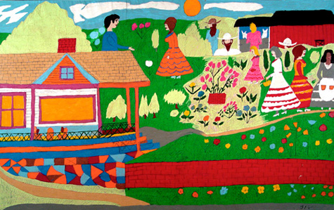 Floretta Emma Warfel | WAF008 | "Dressed Up Ladies" | Framed, price $800 at the Outsider Folk Art Gallery