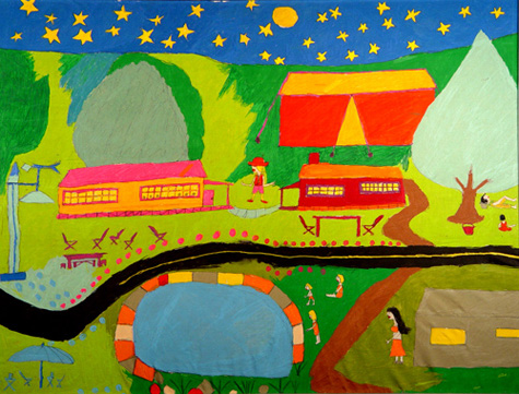Floretta Emma Warfel | WAF002 | "Black Road" | Embroidery Pen on Sheet, Framed, price $600 at the Outsider Folk Art Gallery