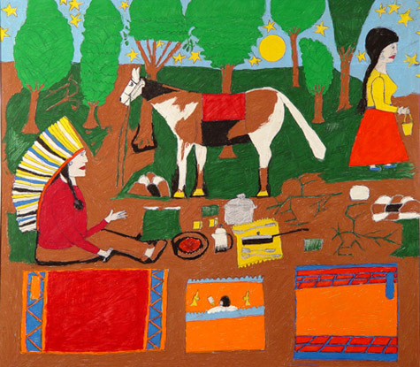 Floretta Emma Warfel | WAF007 | "Indian With Headdress" | Framed, price $600 at the Outsider Folk Art Gallery
