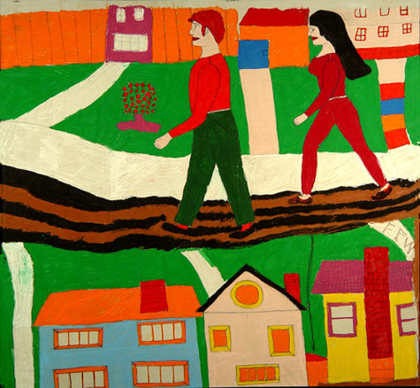 Floretta Emma Warfel | WAF010 | "Walkers" | Embroidery Pen on Sheet, Framed, price $600 at the Outsider Folk Art Gallery