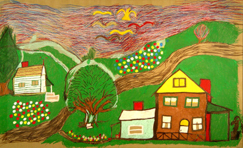 Floretta Emma Warfel | WAF003 | "3 Houses" | Embroidery Pen on Sheet, Framed , price $600 at the Outsider Folk Art Gallery