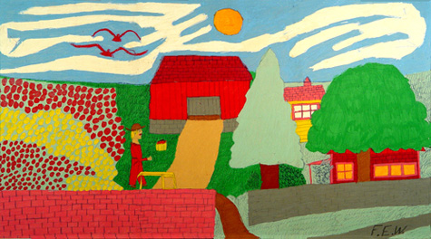 Floretta Emma Warfel | WAF012 | "Swirly Clouds" | Embroidery Pen on Sheet, Framed, price $600 at the Outsider Folk Art Gallery