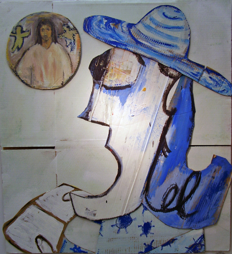 Jim Bloom | Paintings | JB378 | Untitled (Woman Singing at Church) 2007 | Mixed media on cardboard, price $1500 at the Outsider Folk Art Gallery